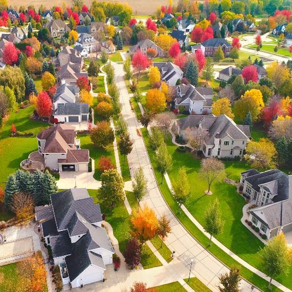 aerial view of neighborhood in autumn