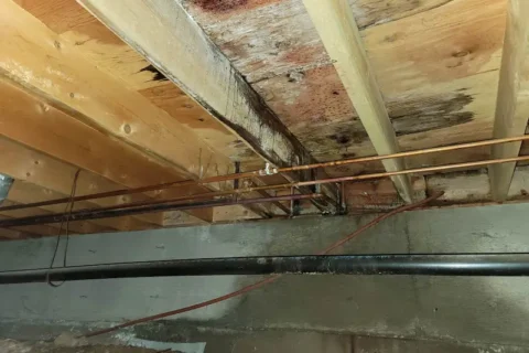 A sill plate between a foundation and rotted subflooring on a Milwaukee, WI area home