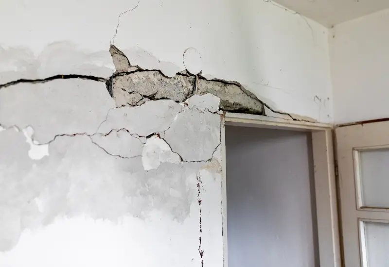 Cracks on a wall signify foundation issues in a home in Jefferson, WI